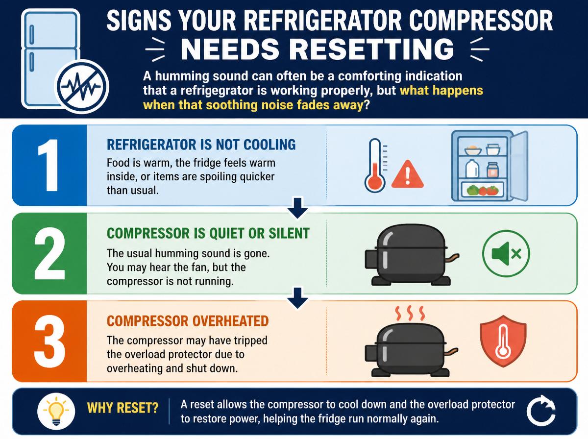 Step-by-step infographic: How to Reset GE Refrigerator Compressor: Essential Methods and What They Do: Signs Your Refrigerator Compressor Needs Resetting