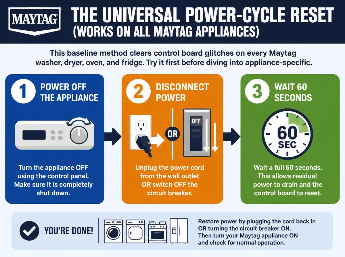 Step-by-step infographic: How to Reset Maytag Appliances: Washer Dryer Oven Fridge Guide: The Universal Power‑Cycle Reset (Works on All Maytag Appliances)