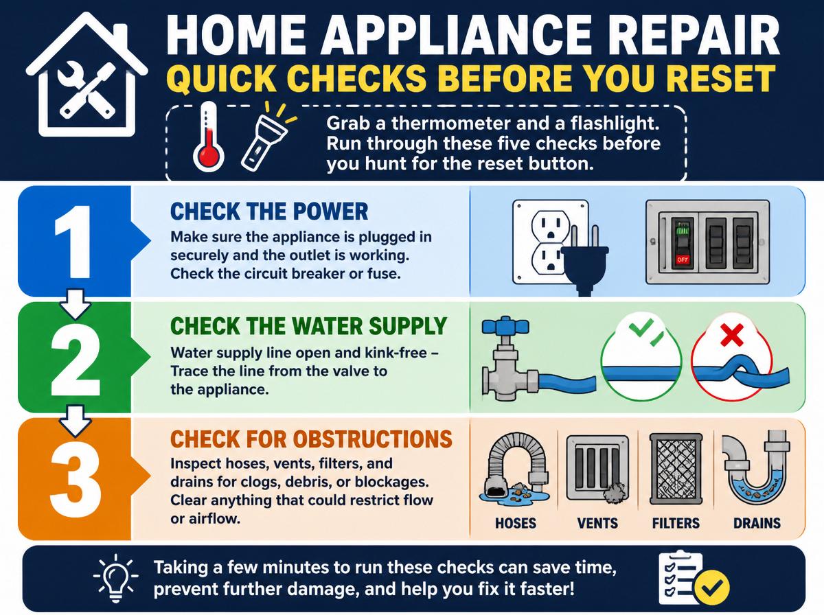 Step-by-step infographic: How to Reset Your Refrigerator Ice Maker: Complete Guide for All Brands: Quick Checks Before You Reset
