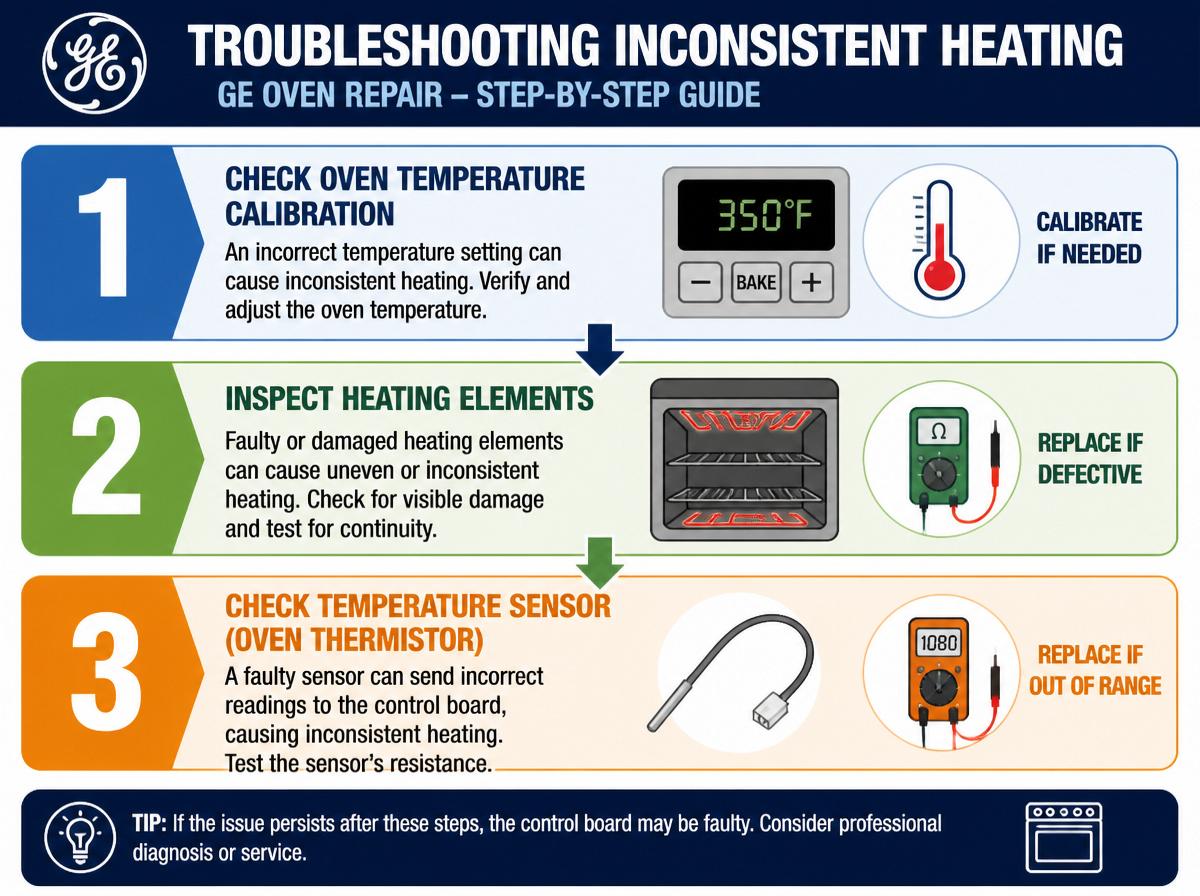 Step-by-step infographic: How to Troubleshoot GE Oven Issues: A Complete Guide: Troubleshooting Inconsistent Heating