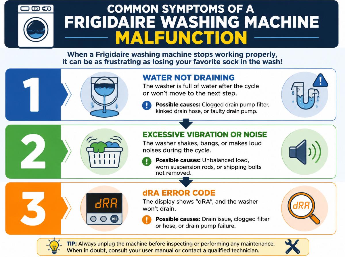 Step-by-step infographic: Knowing When to Reset or Repair Your Frigidaire Washing Machine: Common Symptoms of a Frigidaire Washing Machine Malfunction