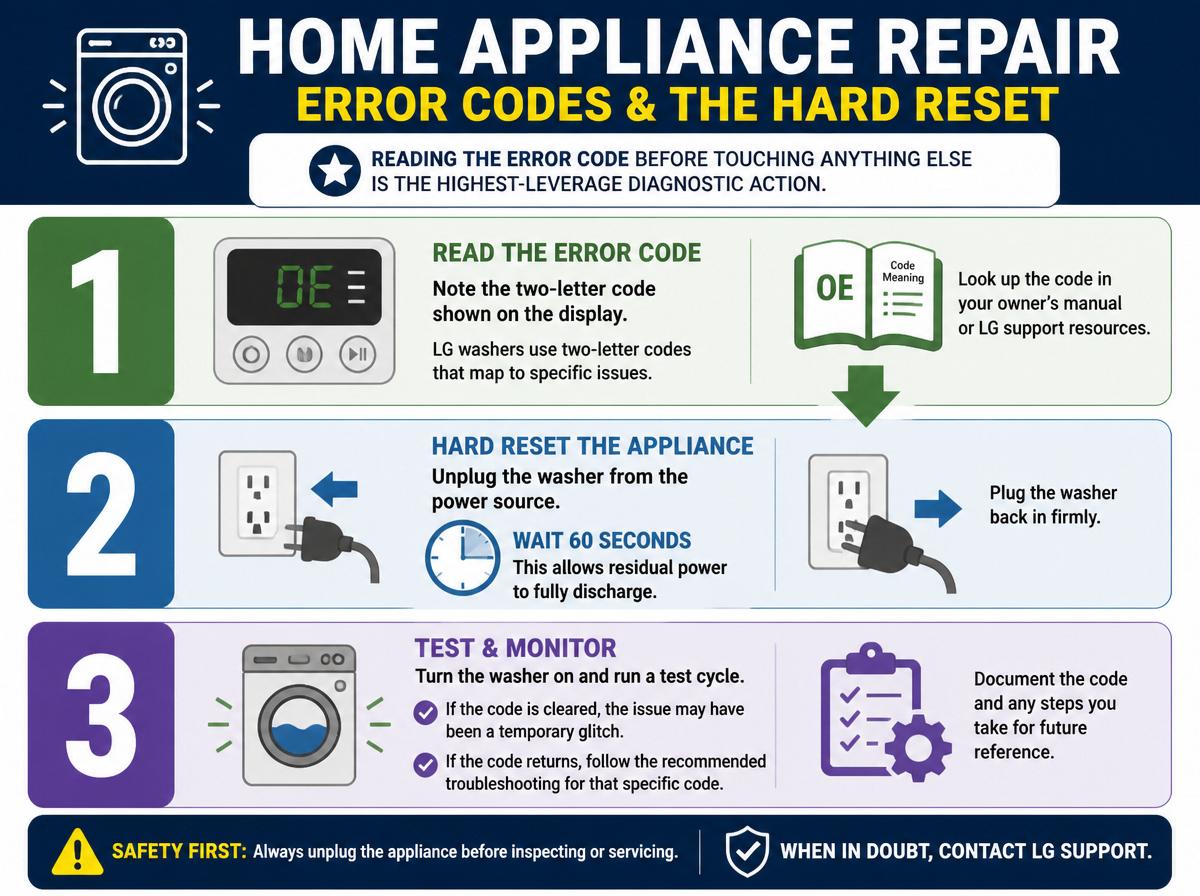 Step-by-step infographic: LG Washer Common Problems and Complete Troubleshooting Guide: Error Codes and the Hard Reset