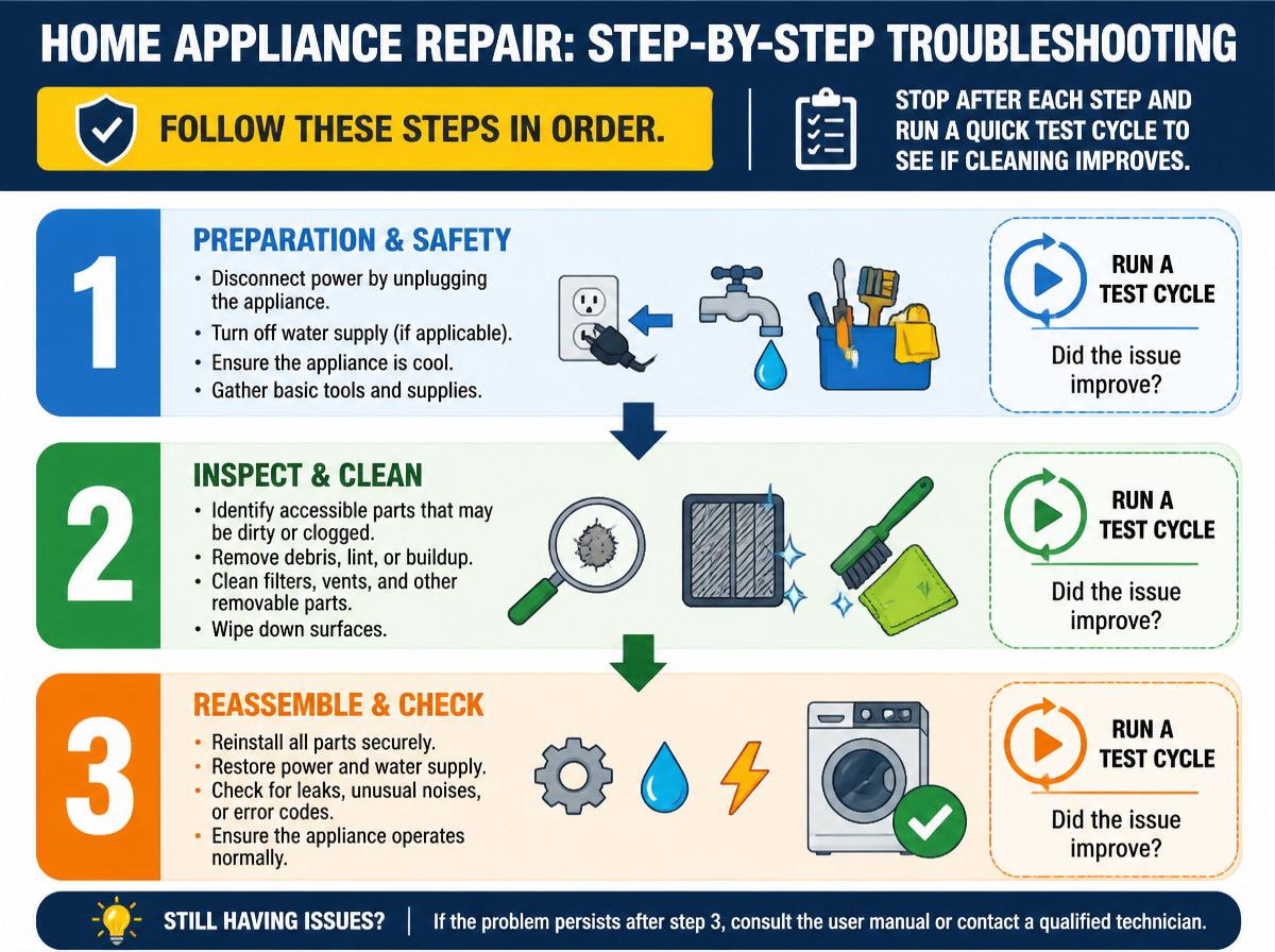 Step-by-step infographic: Maytag Dishwasher Not Cleaning Dishes? Causes and Solutions: Step-by-step troubleshooting process
