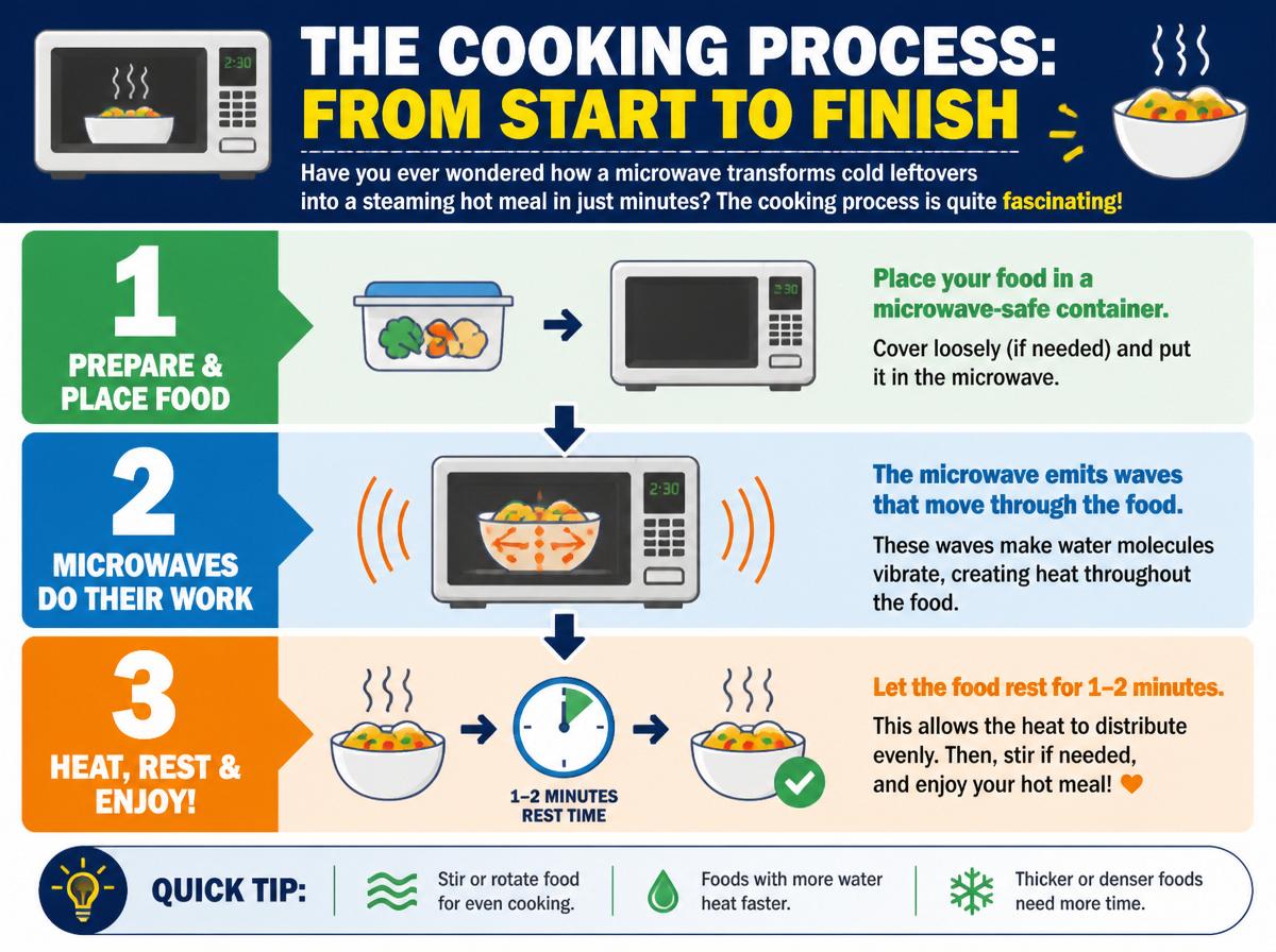 Step-by-step infographic: Microwave: A Complete Guide on How It Works: The Cooking Process: From Start to Finish