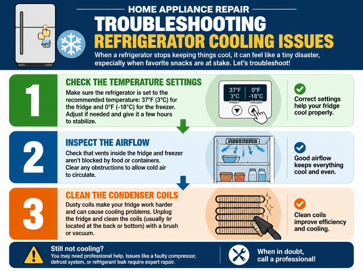 Step-by-step infographic: Overcoming Common Problems With GE Appliances: Practical Solutions: Troubleshooting Refrigerator Cooling Issues