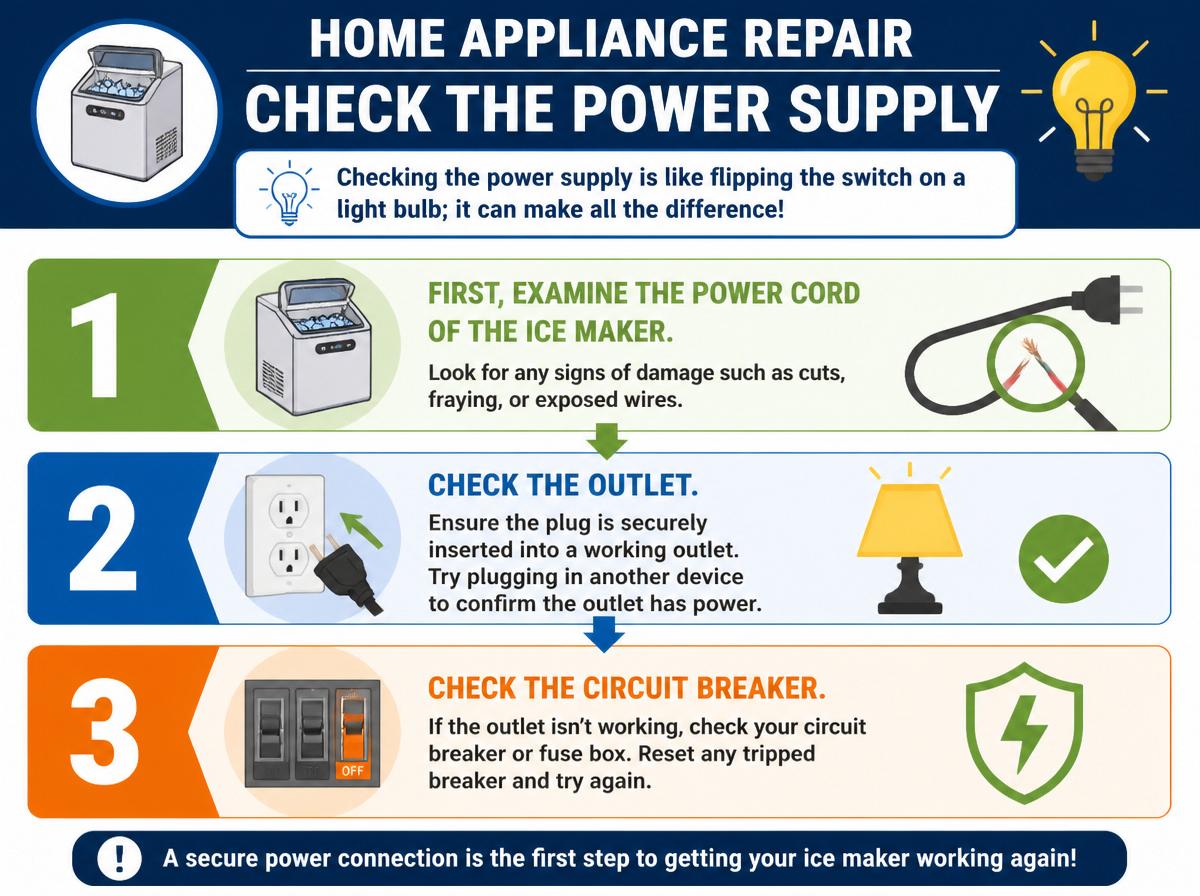 Step-by-step infographic: Quick Diagnostics for Your Ice Maker Issues Before Calling for Service: Check the Power Supply