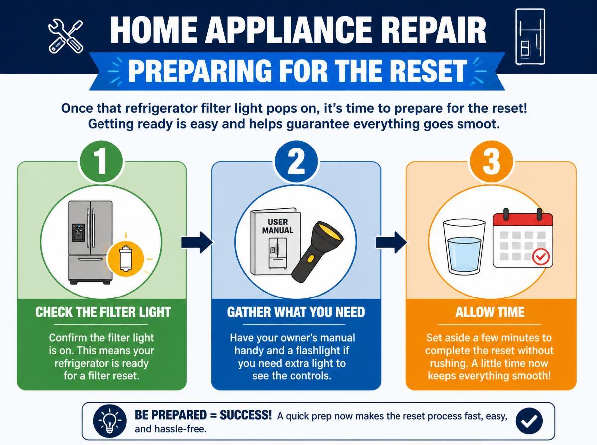 Step-by-step infographic: Quick Fix for Resetting Your Refrigerator Filter Light in 5 Steps: Preparing for the Reset