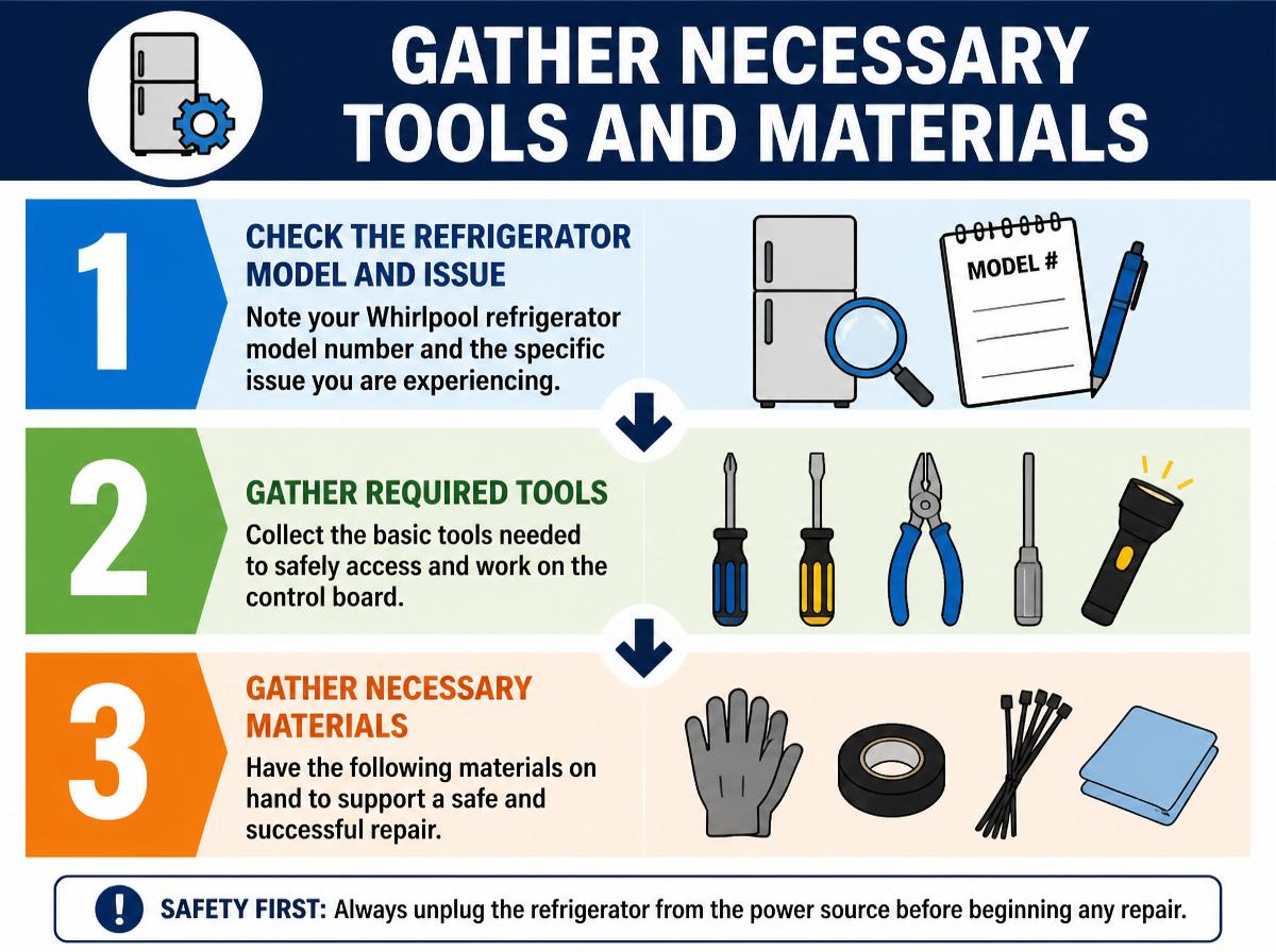 Step-by-step infographic: Quick Fix to Reset Whirlpool Refrigerator Control Board in 10 Steps: Gather Necessary Tools and Materials