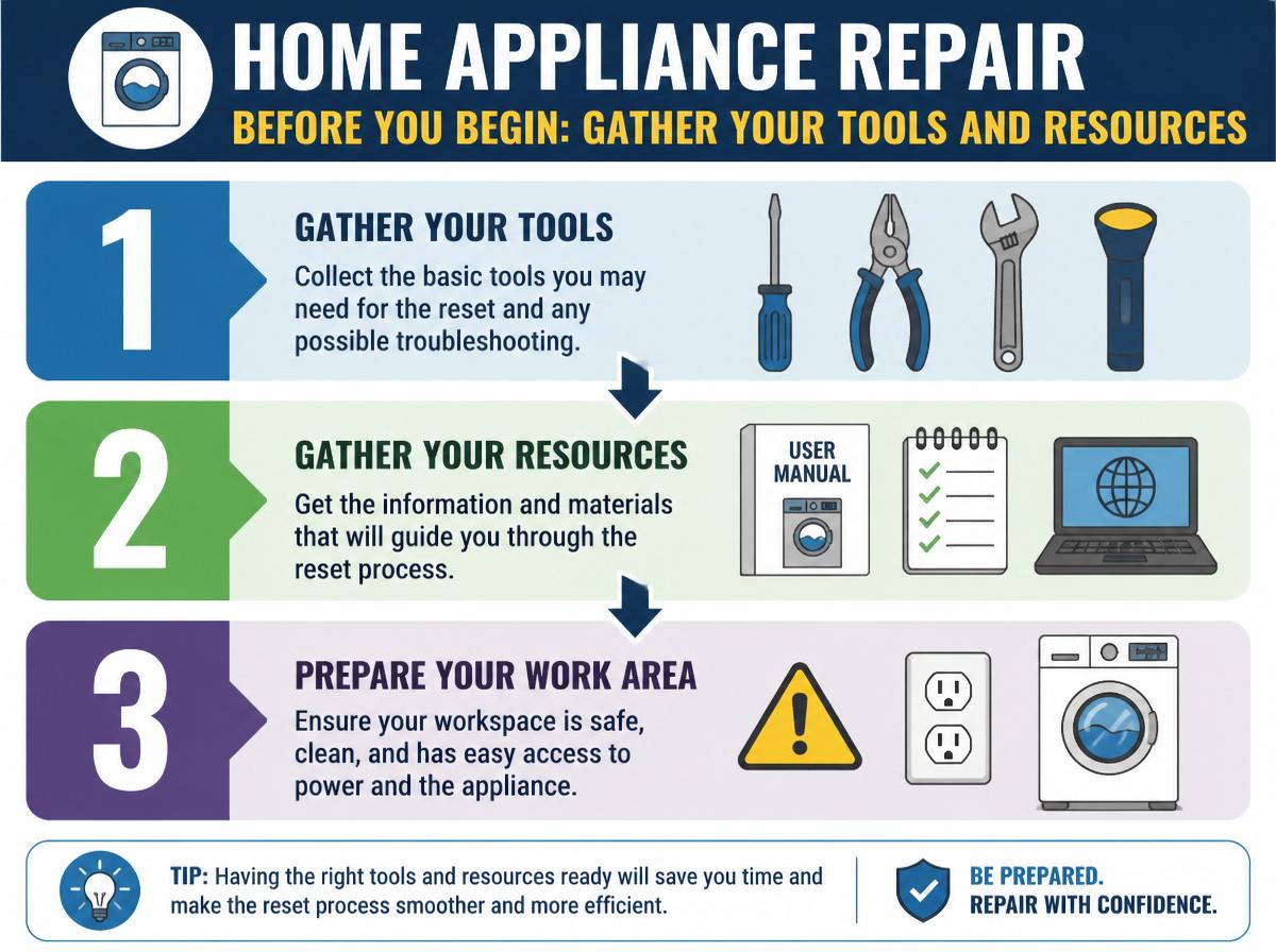 Step-by-step infographic: Quick Fix for Resetting Your Crosley Washing Machine in 7 Steps: Gather Your Tools and Resources
