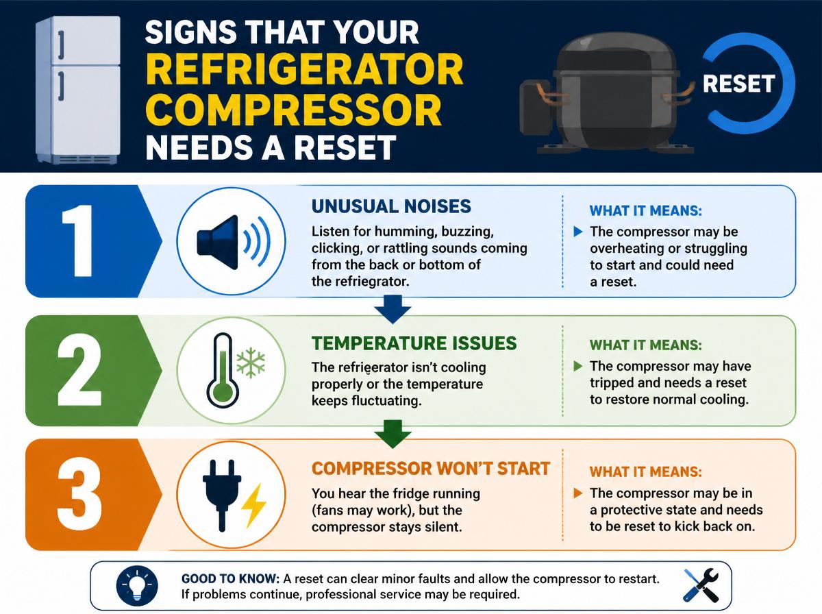 Step-by-step infographic: Quick Fix for Resetting GE Refrigerator Compressor: Signs That Your Refrigerator Compressor Needs a Reset