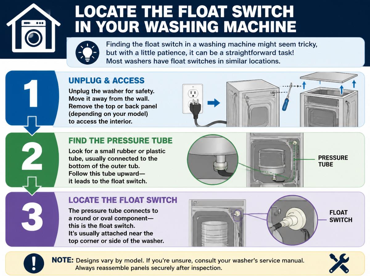 Step-by-step infographic: Quick Fix for Resetting Your Washing Machine Float Switch in 10 Easy Steps: Locate the Float Switch in Your Washing Machine