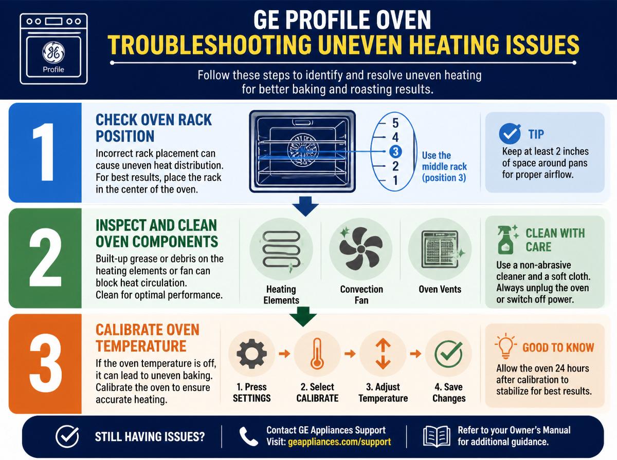 Step-by-step infographic: Quick Solutions for Common Problems With GE Profile Ovens: Troubleshooting Uneven Heating Issues