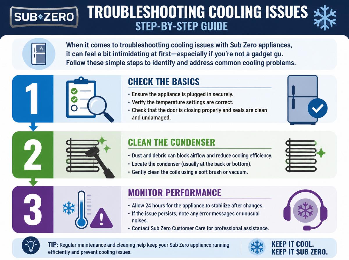 Step-by-step infographic: Quick Solutions for Common Sub Zero Appliance Problems: Troubleshooting Cooling Issues