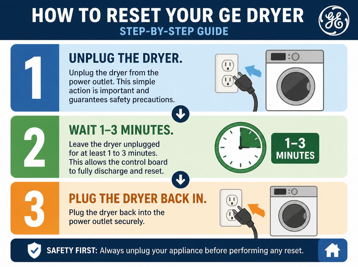 Step-by-step infographic: Reset Your GE Dryer With 5 Simple Steps for a Quick Fix: Step 1: Unplug the Dryer