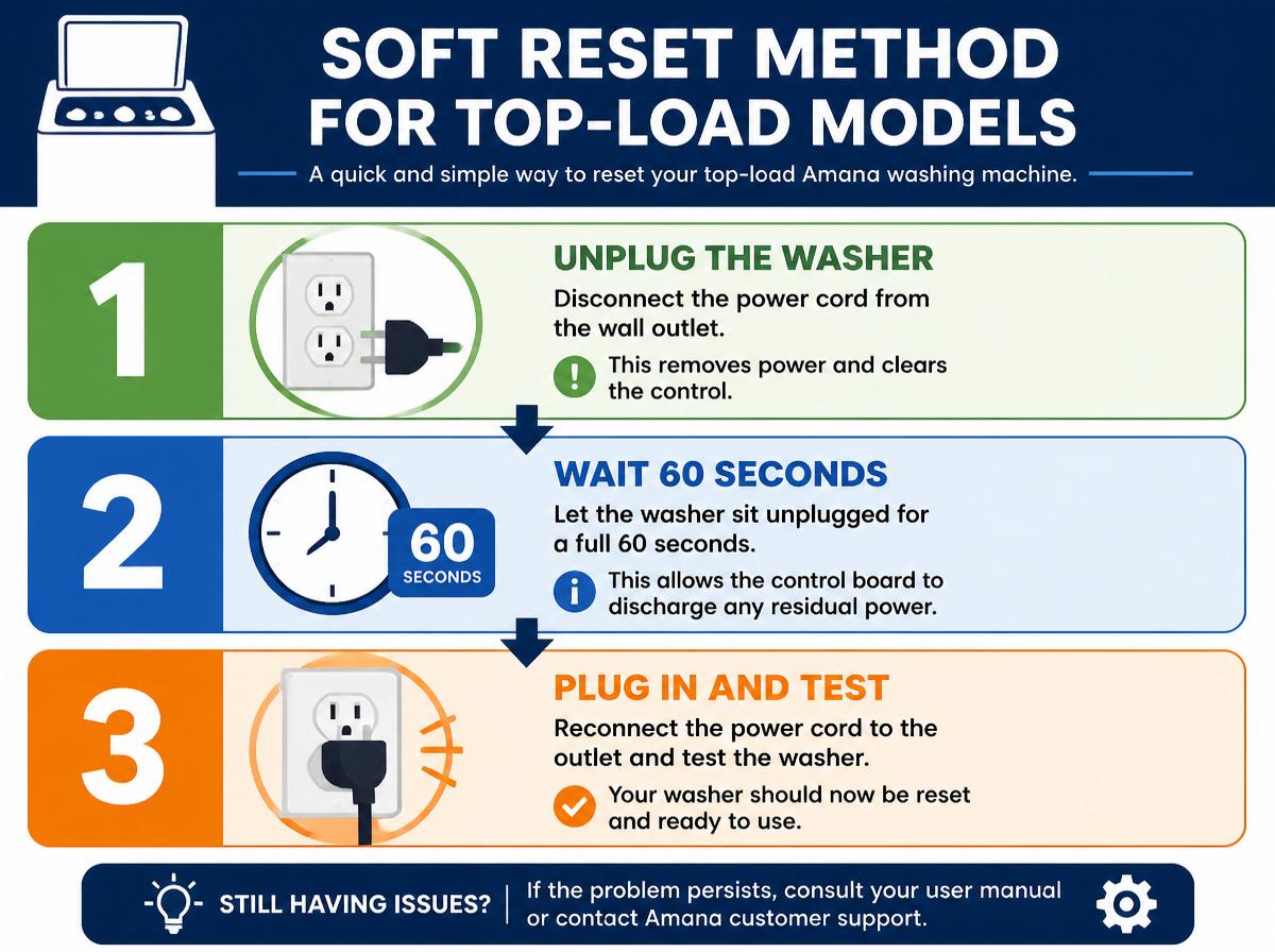 Step-by-step infographic: Reset Methods for Amana Washing Machines: Soft Reset Method for Top-Load Models