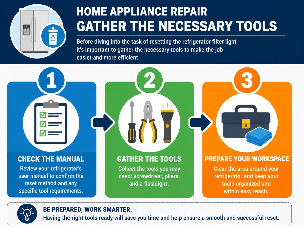 Step-by-step infographic: 10 Steps to Quickly Reset Your Refrigerator Filter Light: Gather the Necessary Tools
