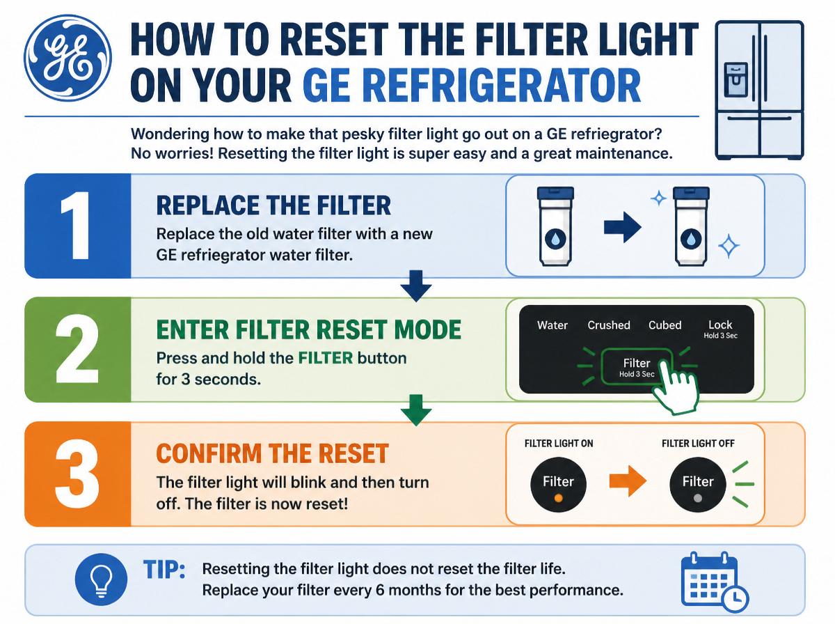 Step-by-step infographic: Reset vs. Repair: How Your GE Refrigerator Filter Light Helps You: How to Reset the Filter Light on Your GE Refrigerator