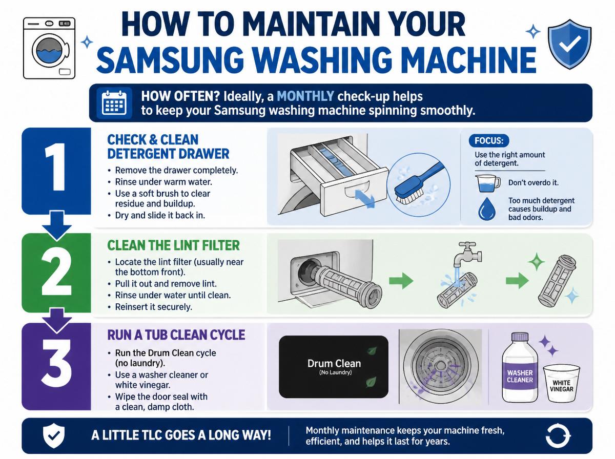 Step-by-step infographic: Essentials for Samsung Appliance Care: Easy Maintenance and Fixes: How to Maintain Your Samsung Washing Machine