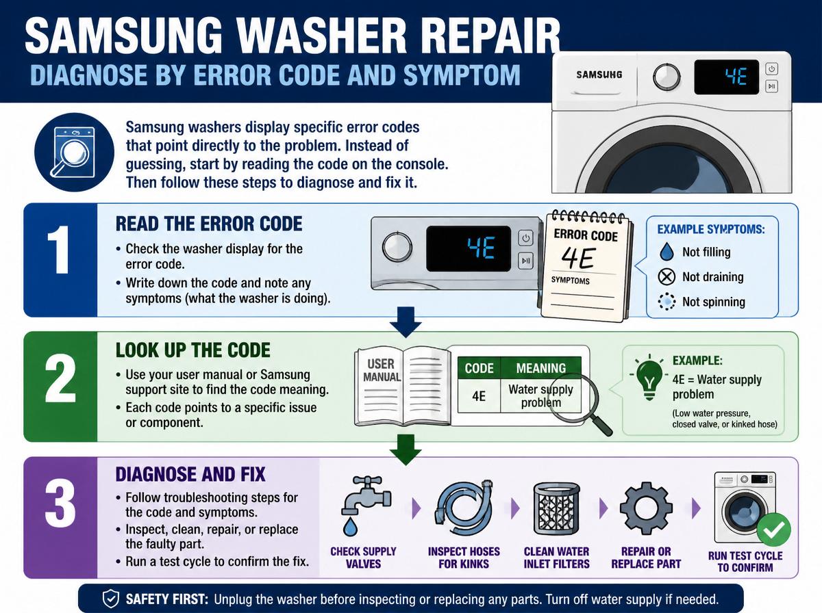 Step-by-step infographic: Samsung Washer Common Problems and DIY Fixes: Complete Guide: Diagnose by Error Code and Symptom