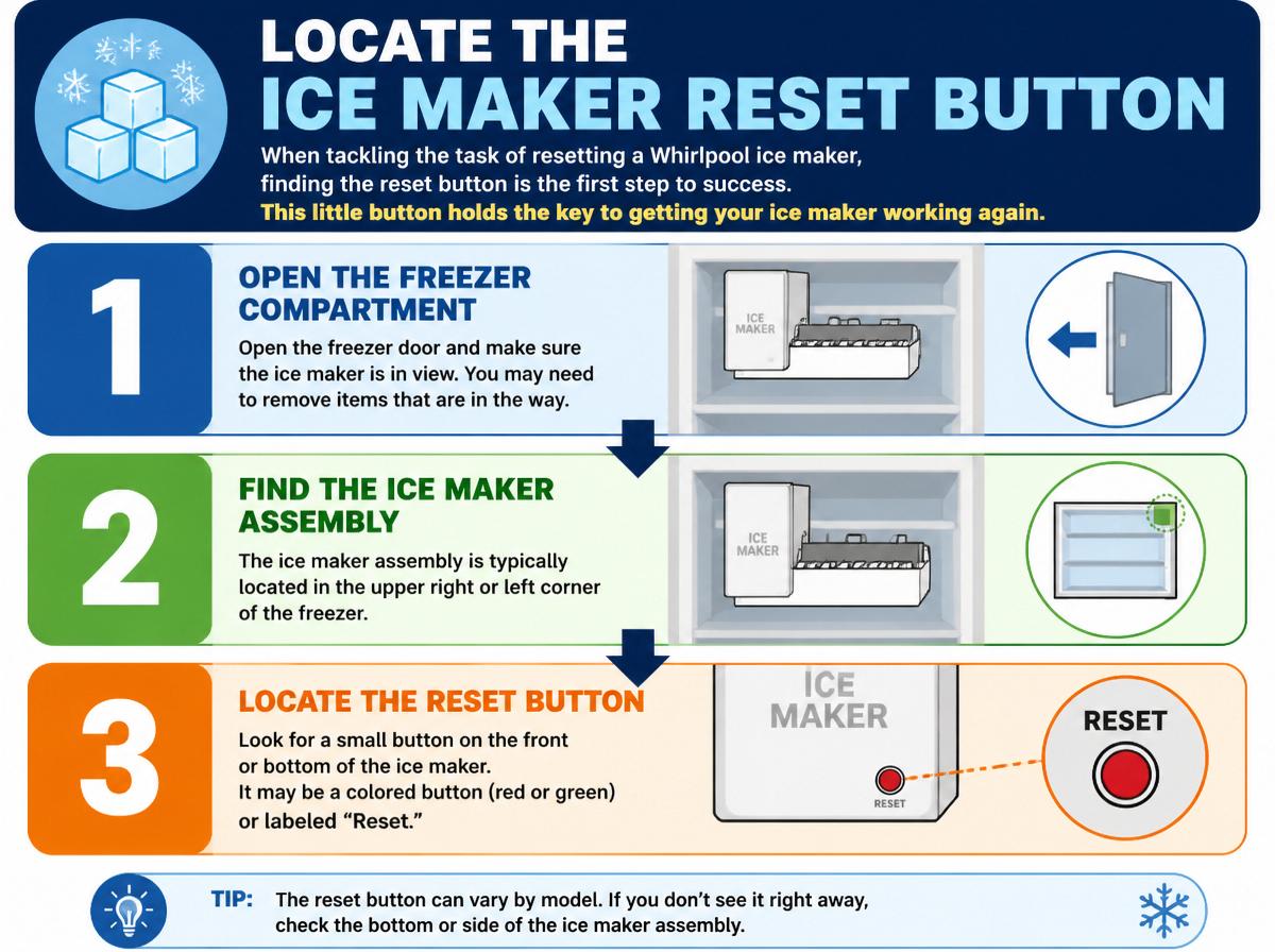 Step-by-step infographic: 7 Simple Steps for Quick Fix to Reset Your Whirlpool Ice Maker: Locate the Ice Maker Reset Button