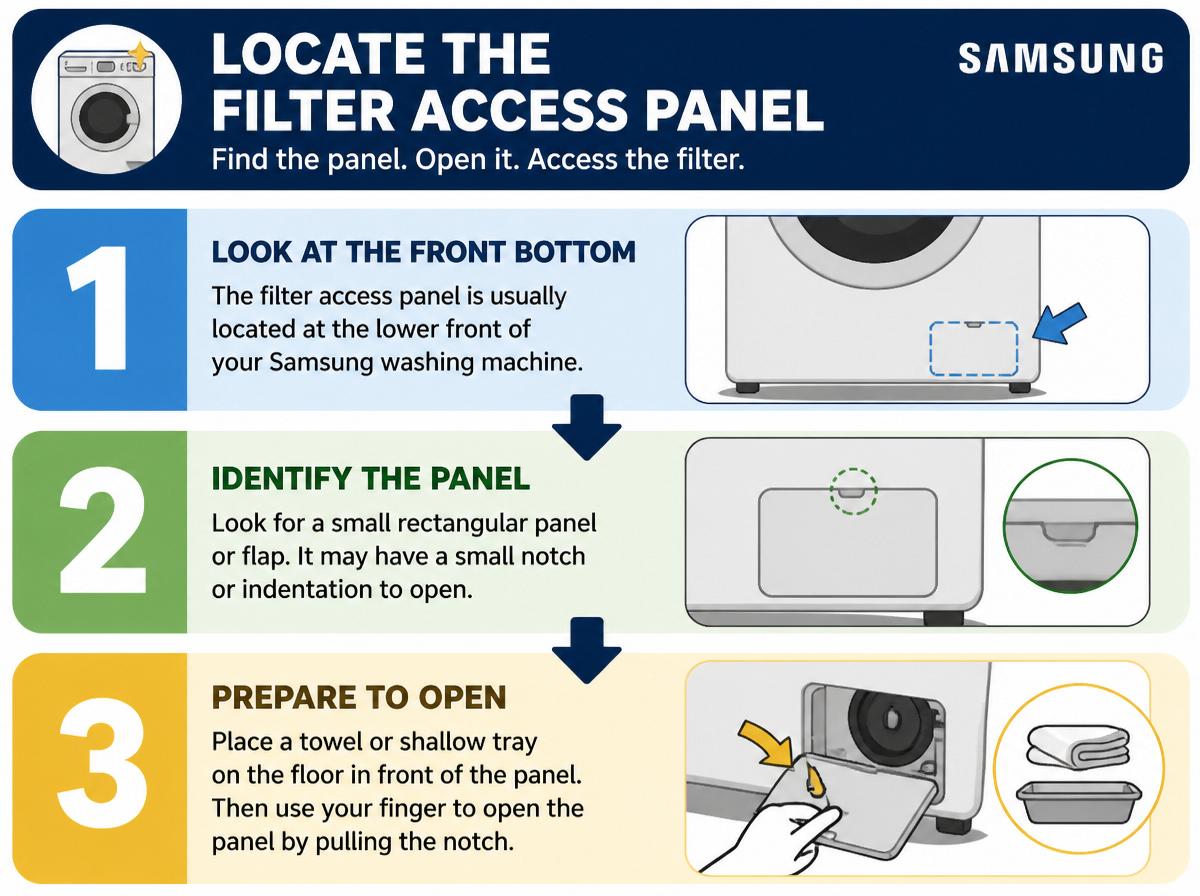 Step-by-step infographic: 7 Simple Steps to Remove the Filter From Your Samsung Washing Machine: Locate the Filter Access Panel