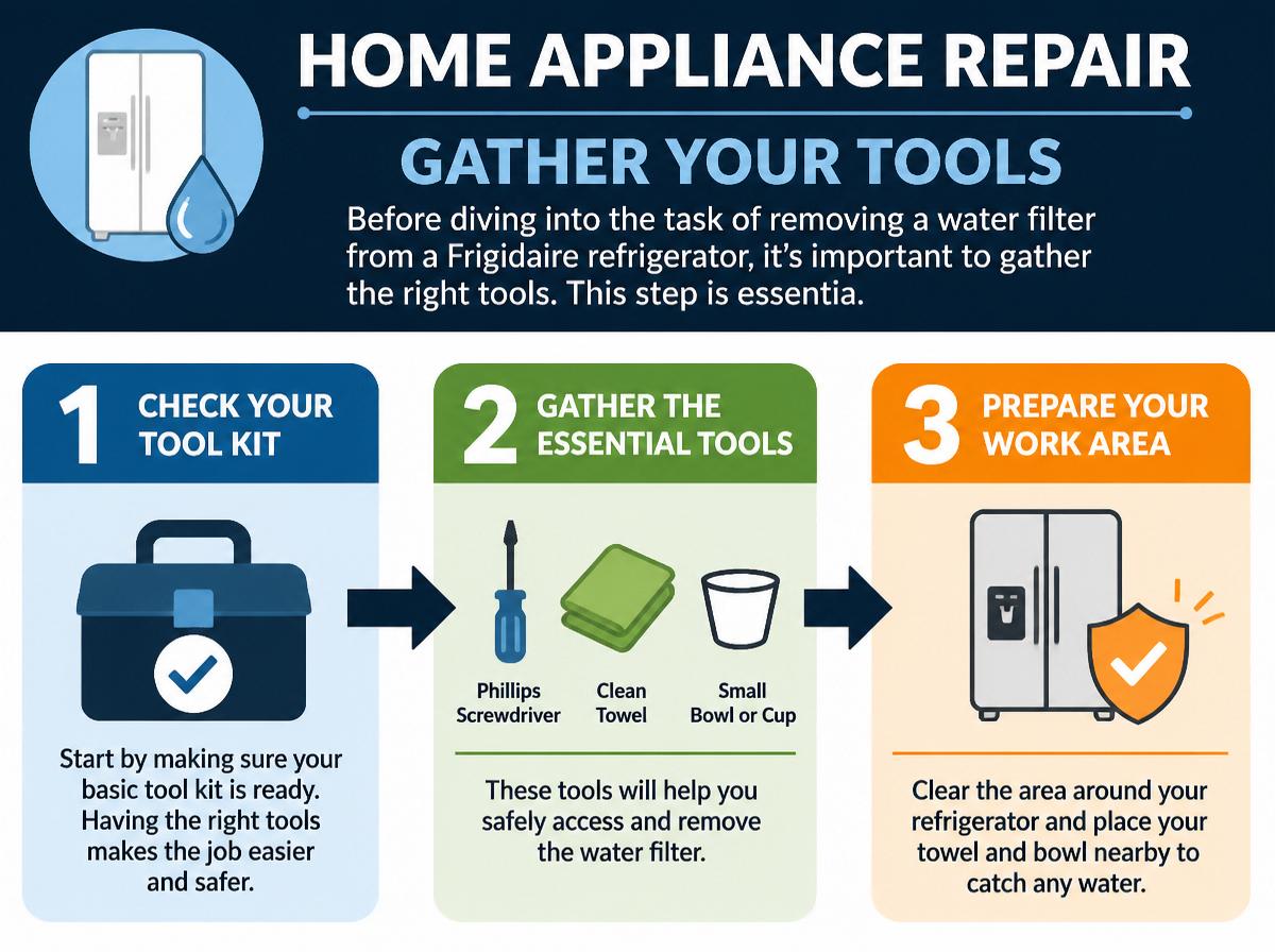 Step-by-step infographic: 10 Simple Steps to Remove Water Filter From Frigidaire Refrigerator: Gather Your Tools