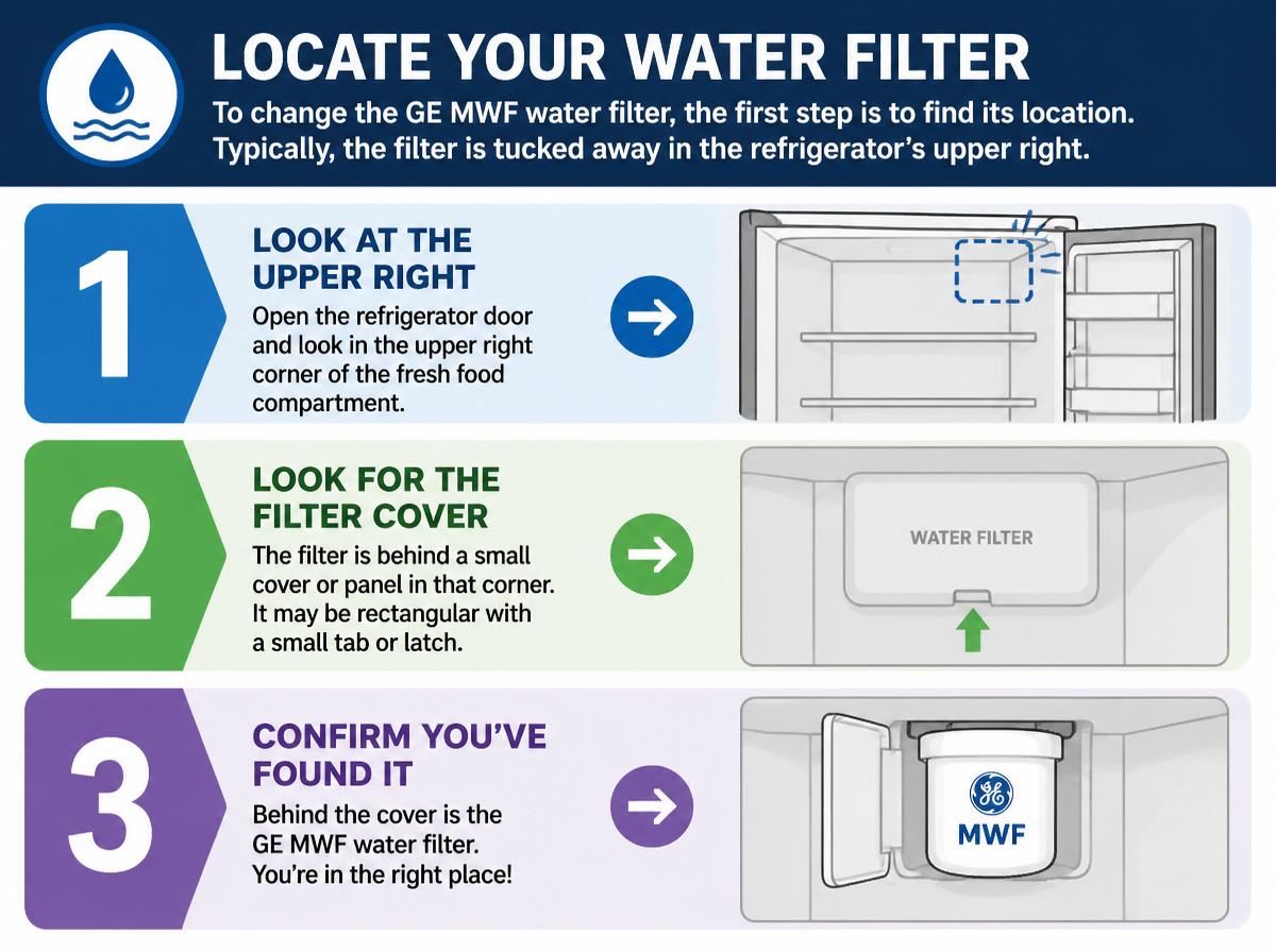Step-by-step infographic: 7 Simple Steps to Change Your GE MWF Water Filter: Locate Your Water Filter