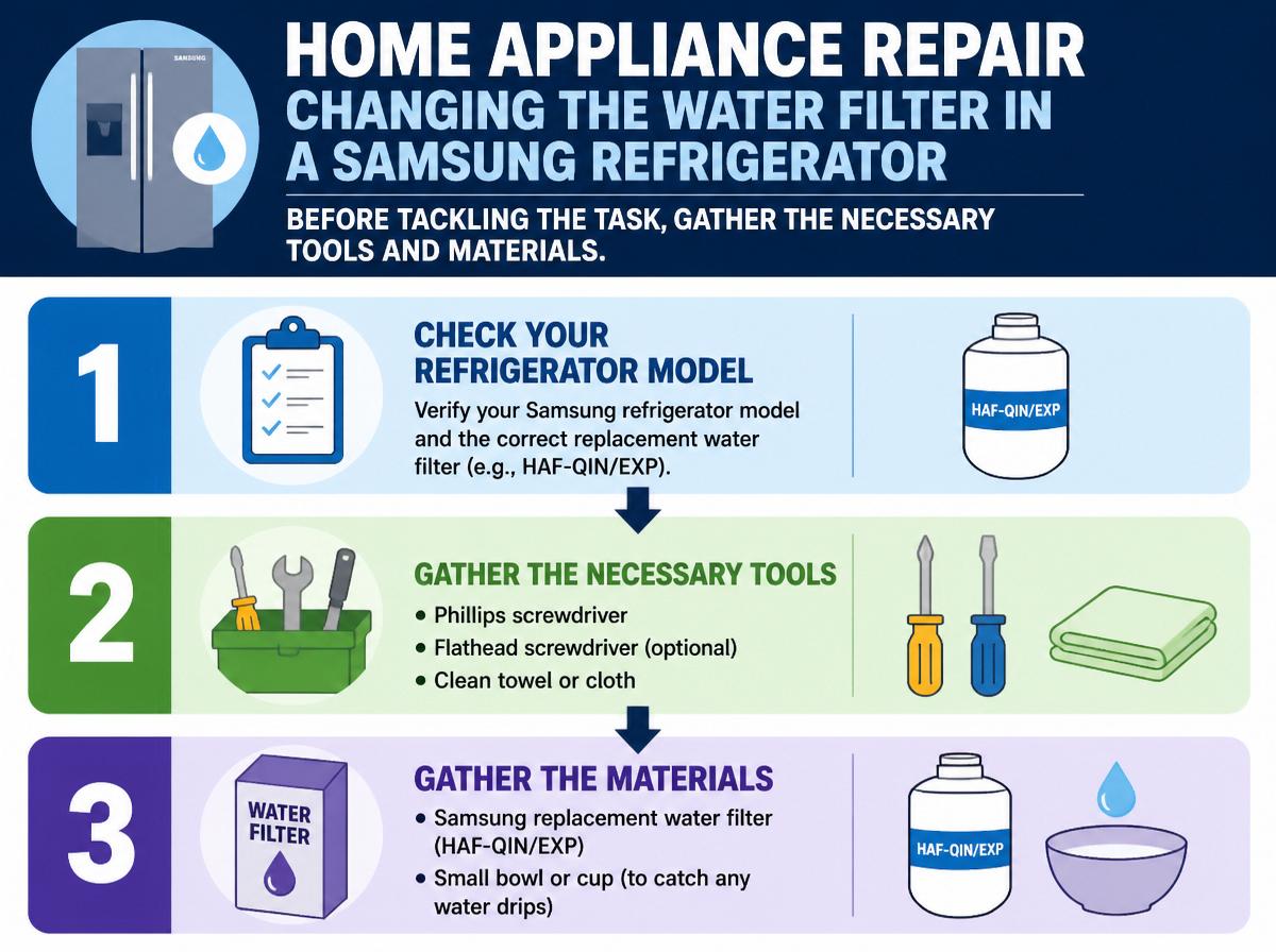 Step-by-step infographic: 10 Simple Steps to Change the Water Filter in Your Samsung Refrigerator: Gather the Necessary Tools and Materials