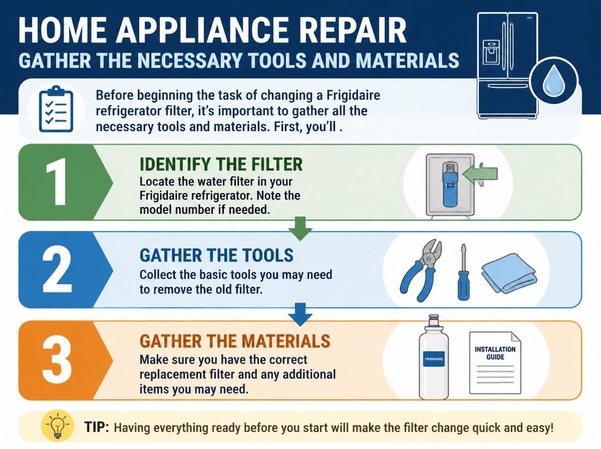 Step-by-step infographic: 10 Simple Steps to Change Your Frigidaire Refrigerator Filter: Gather the Necessary Tools and Materials