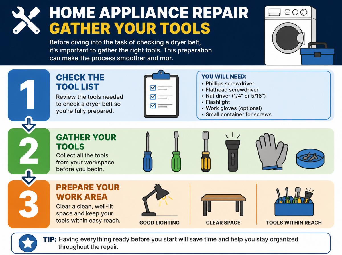 Step-by-step infographic: 10 Simple Steps to Check Your Dryer Belt: Gather Your Tools