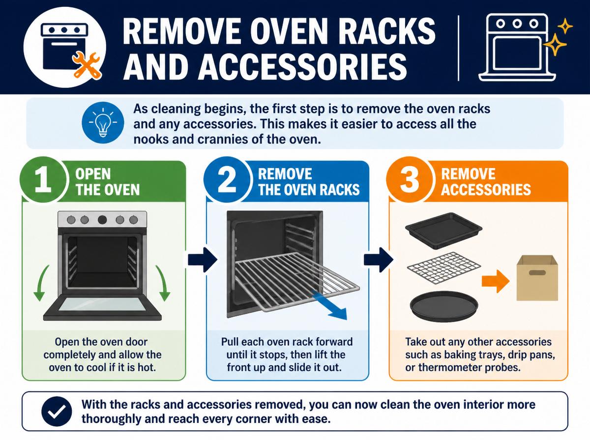 Step-by-step infographic: 7 Simple Steps to Deep Clean Your Kenmore Oven: Remove Oven Racks and Accessories