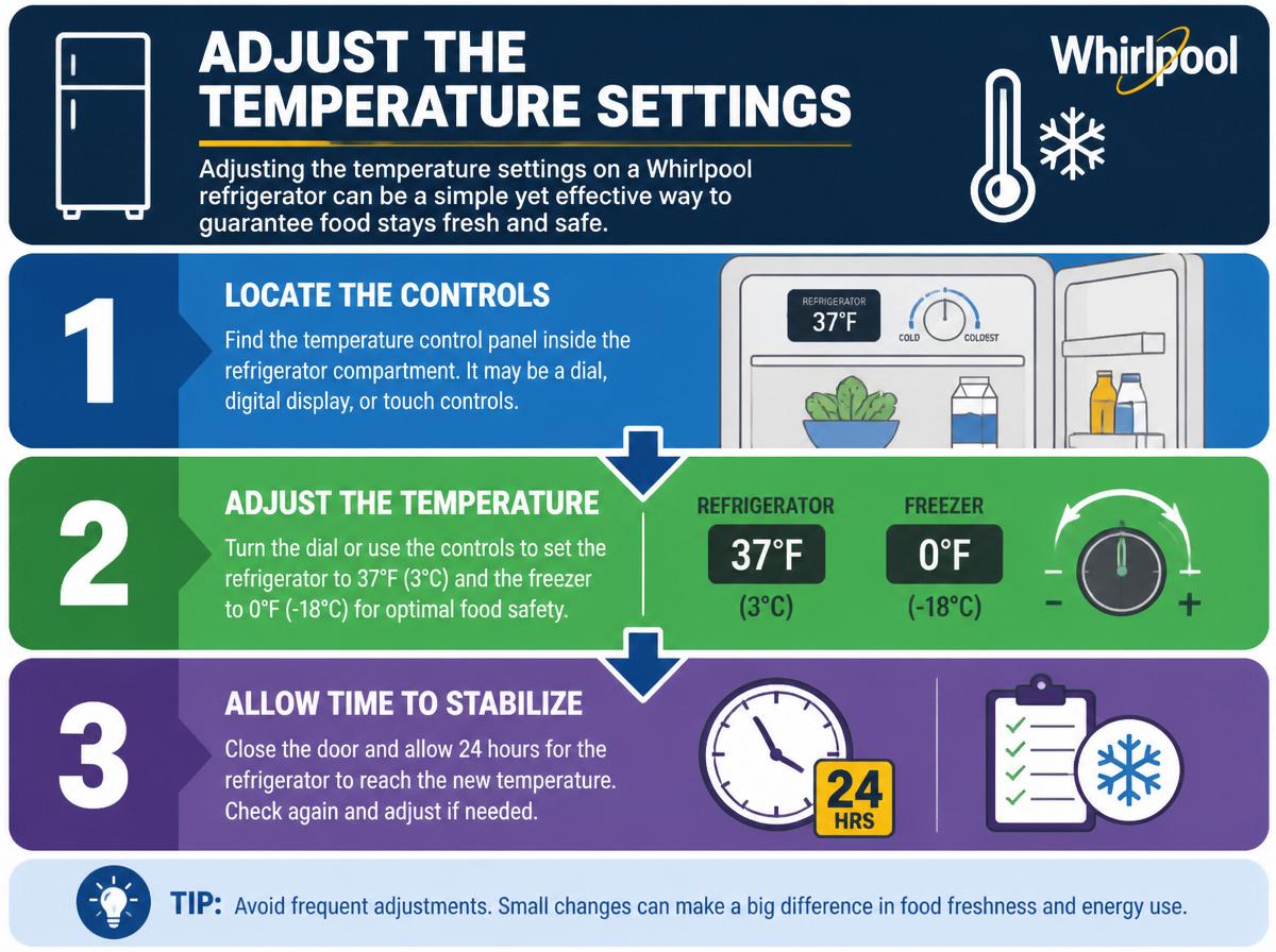 Step-by-step infographic: 7 Simple Steps to Quick Fix Your Whirlpool Refrigerator Compressor Reset: Adjust the Temperature Settings