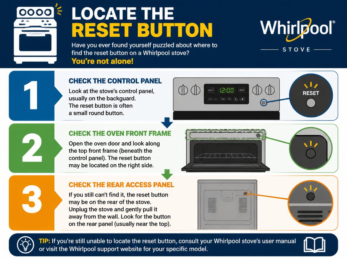 Step-by-step infographic: 10 Simple Steps to Quickly Reset Your Whirlpool Stove: Locate the Reset Button