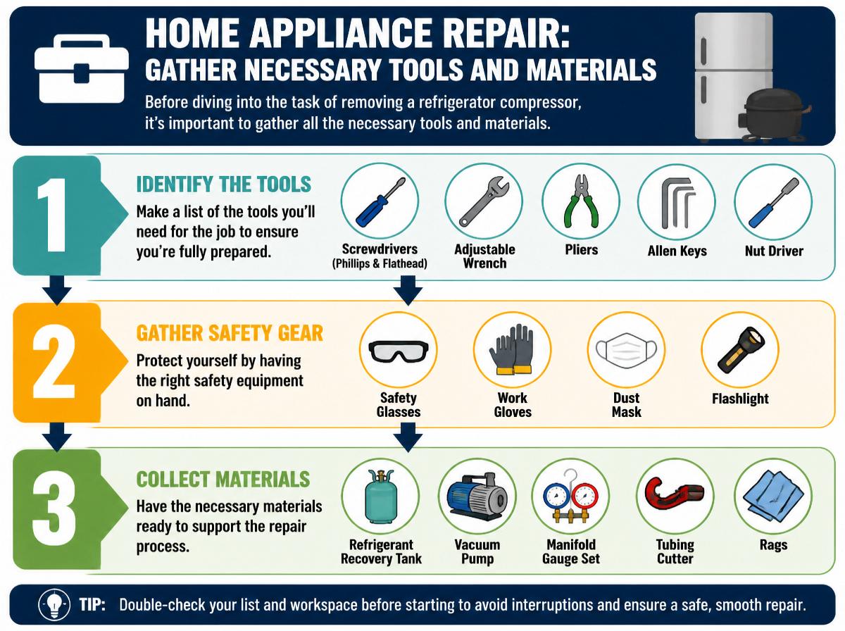 Step-by-step infographic: 10 Simple Steps to Remove a Refrigerator Compressor: Gather Necessary Tools and Materials