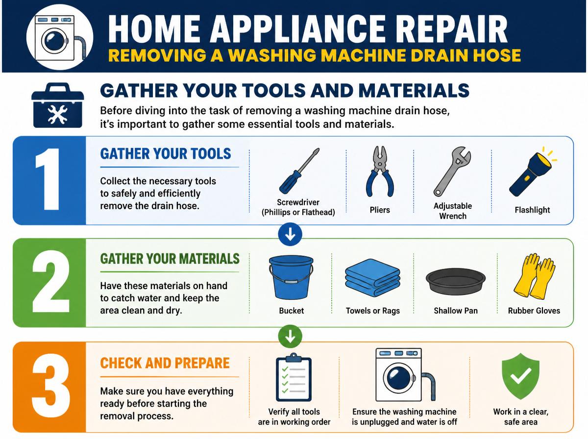Step-by-step infographic: 7 Simple Steps to Remove Your Washing Machine Drain Hose: Gather Your Tools and Materials