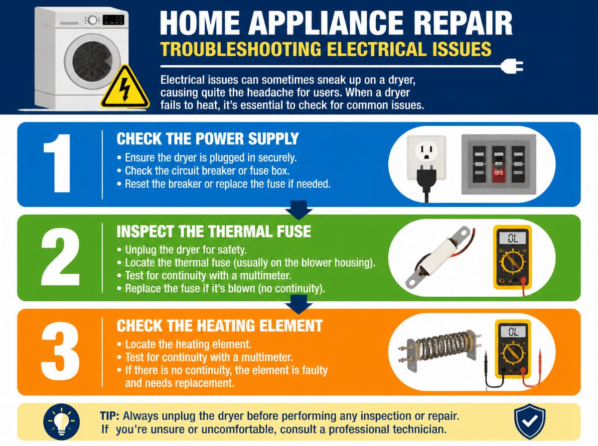 Step-by-step infographic: Solutions for Common Dryer Heating Element Problems: Troubleshooting Electrical Issues