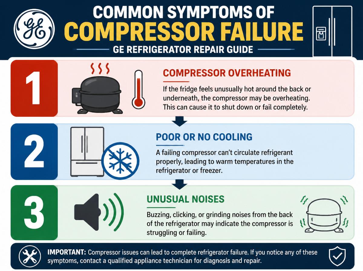 Step-by-step infographic: Solutions for Common GE Refrigerator Compressor Problems: Common Symptoms of Compressor Failure