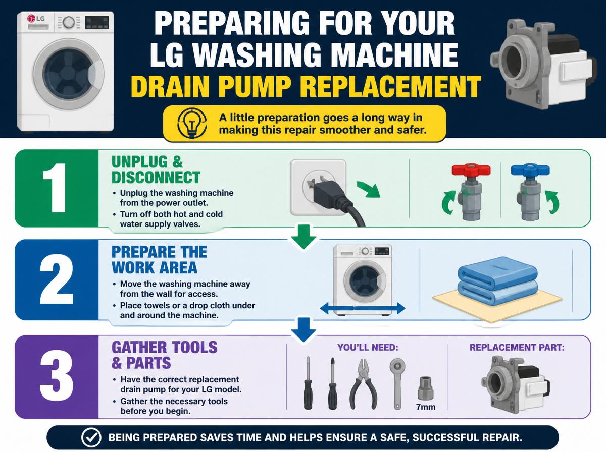Step-by-step infographic: Step-by-Step Guide to Testing Your Washing Machine’s Drain Pump: Preparing for Your LG Washing Machine Drain Pump Replacement