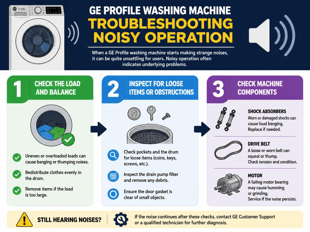 Step-by-step infographic: Step-by-Step Solutions for Common GE Profile Washing Machine Problems: Troubleshooting Noisy Operation