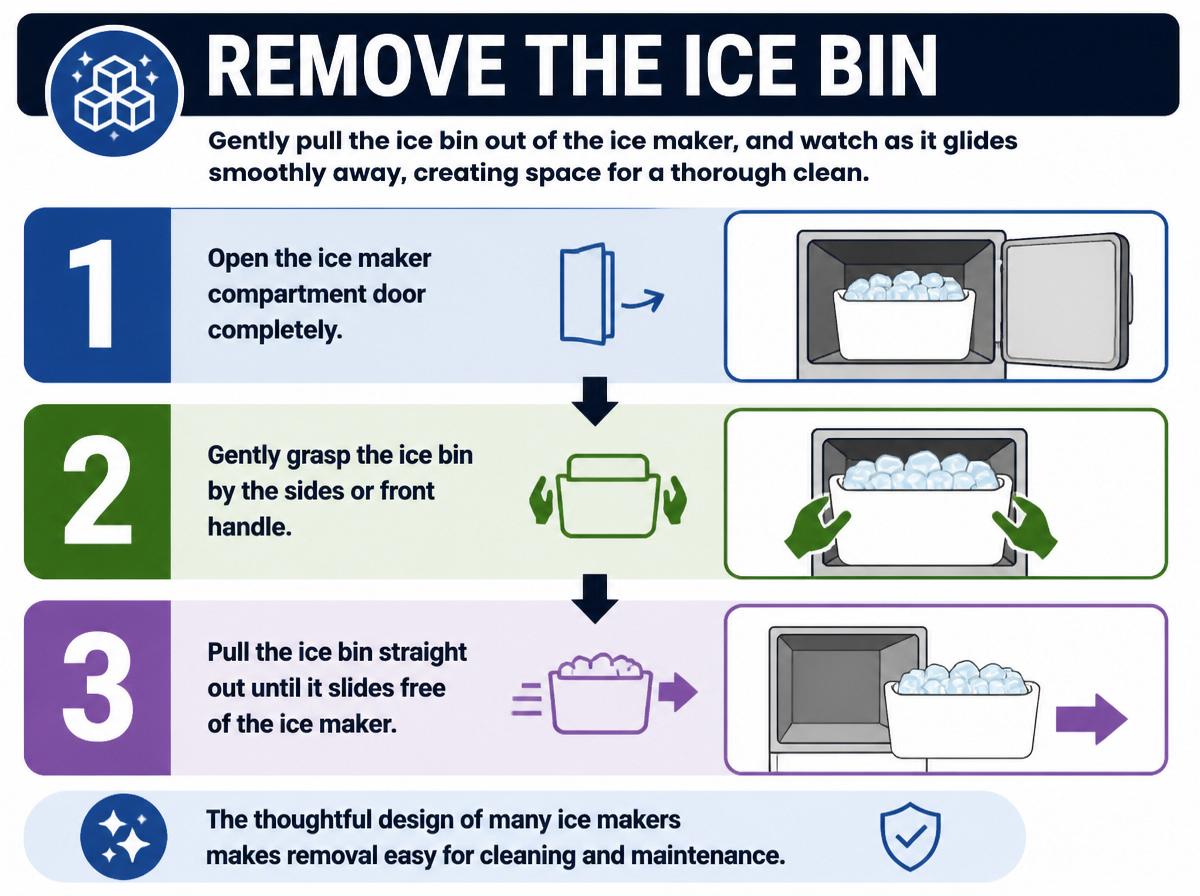 Step-by-step infographic: 7 Steps for Deep Cleaning Your Samsung Ice Maker: Remove the Ice Bin