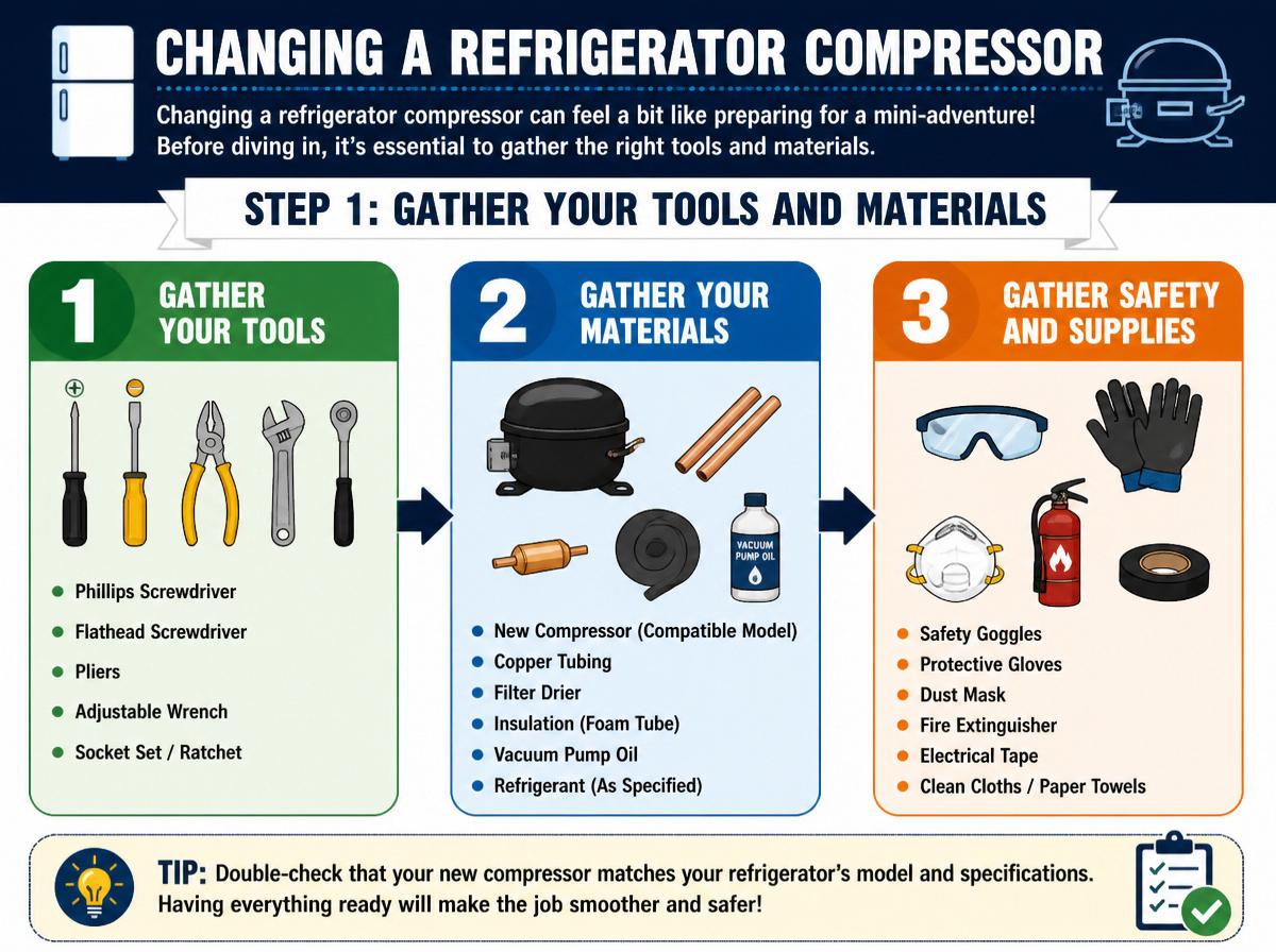 Step-by-step infographic: 10 Steps to Change Your Refrigerator Compressor Like a Pro: Gather Your Tools and Materials