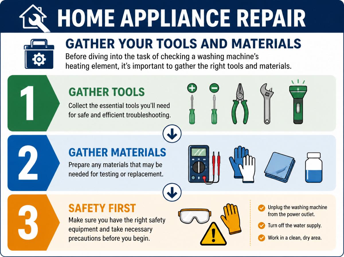 Step-by-step infographic: 10 Steps to Check Heating Element in Your Washing Machine: Gather Your Tools and Materials