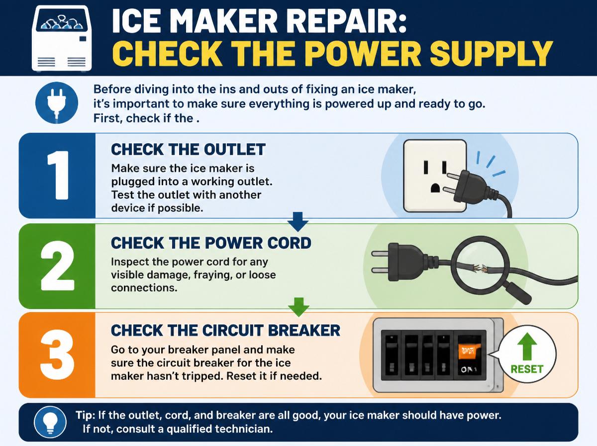 Step-by-step infographic: 7 Steps to Check Your Ice Maker: Check the Power Supply