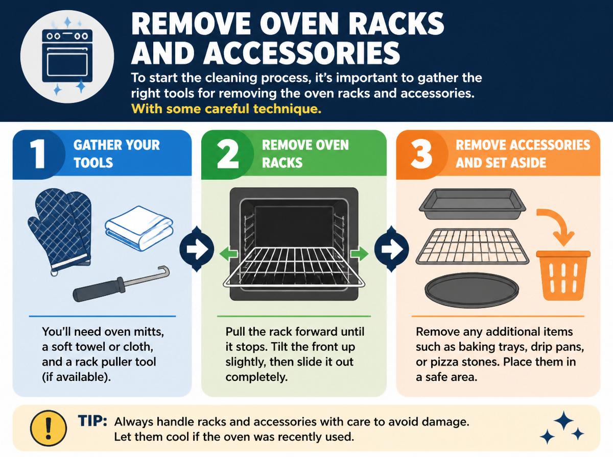 Step-by-step infographic: 10 Steps to Deep Clean Your Whirlpool Oven – A Complete Guide: Remove Oven Racks and Accessories