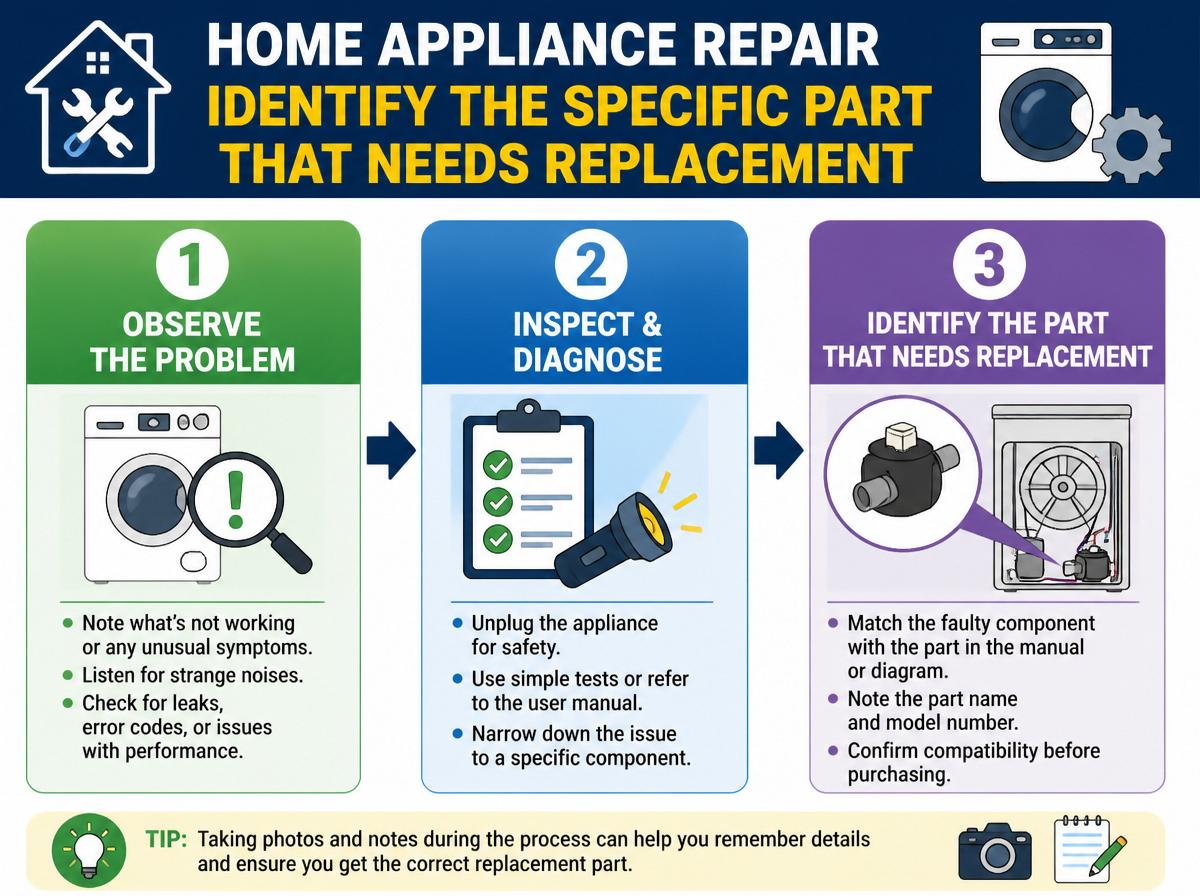 Step-by-step infographic: 10 Steps to Identify Right Parts for Frigidaire Appliances: Identify the Specific Part That Needs Replacement
