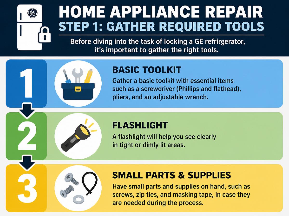 Step-by-step infographic: 10 Steps to Lock Your GE Refrigerator: Complete Guide: Gather Required Tools