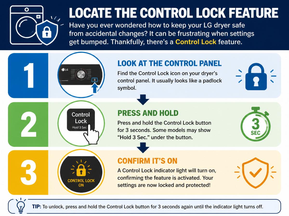 Step-by-step infographic: 3 Steps to Lock Your LG Dryer: Locate the Control Lock Feature