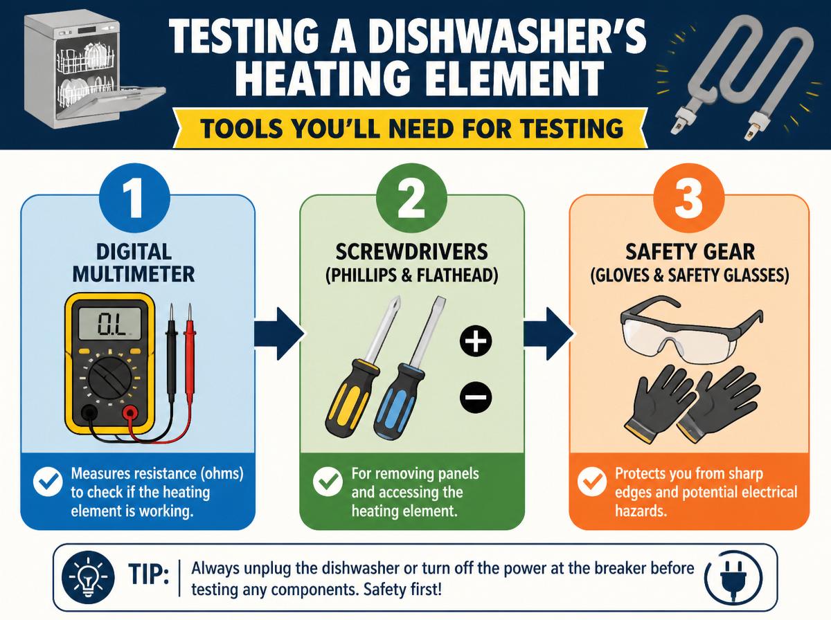 Step-by-step infographic: Testing the Heating Element in Your Dishwashing Machine: A Step-by-Step Guide: Tools You’ll Need for Testing