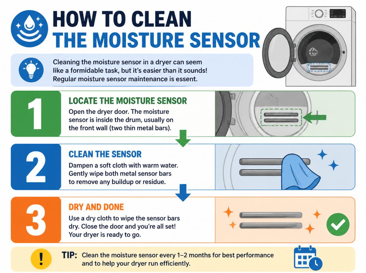 Step-by-step infographic: Troubleshooting Common Dryer Moisture Sensor Problems and Solutions: How to Clean the Moisture Sensor