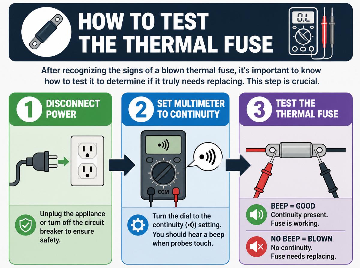 Step-by-step infographic: Troubleshooting Common Dryer Thermal Fuse Problems and Solutions: How to Test the Thermal Fuse